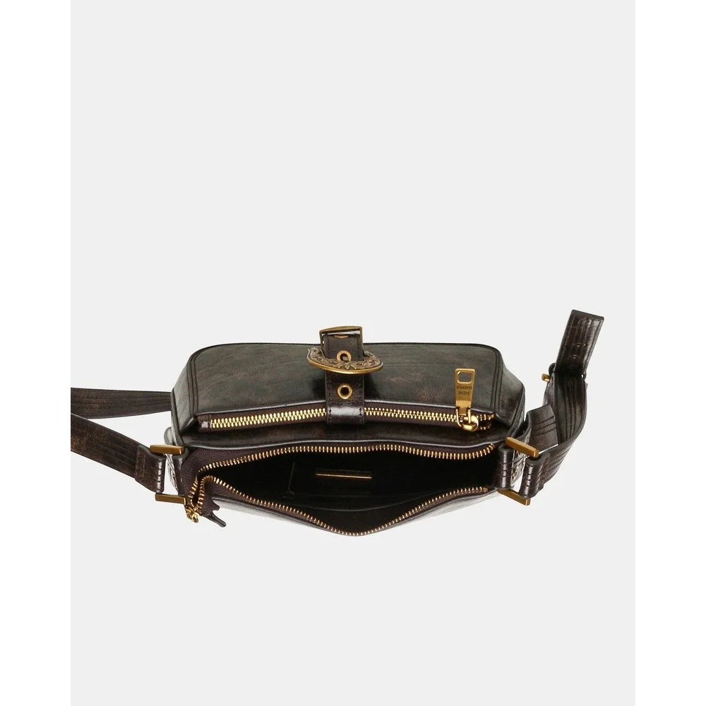 Steve Madden Brown Distressed Faux Leather Western Buckle Shoulder Bag NEW
